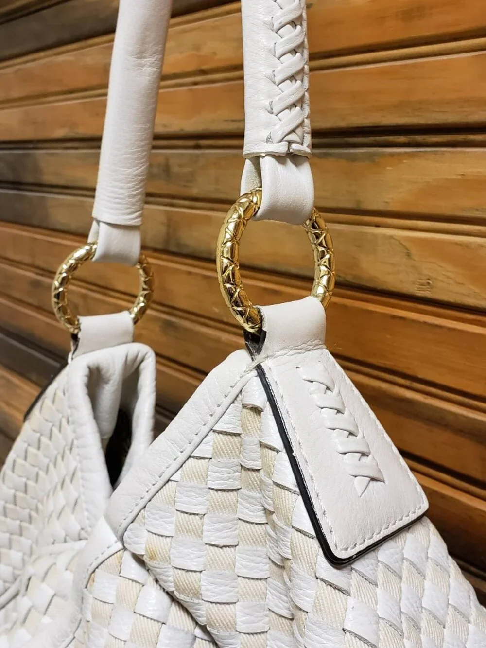 Antonio Melani White Woven Intrecciato Style Leather Hobo Bag Braided Handle